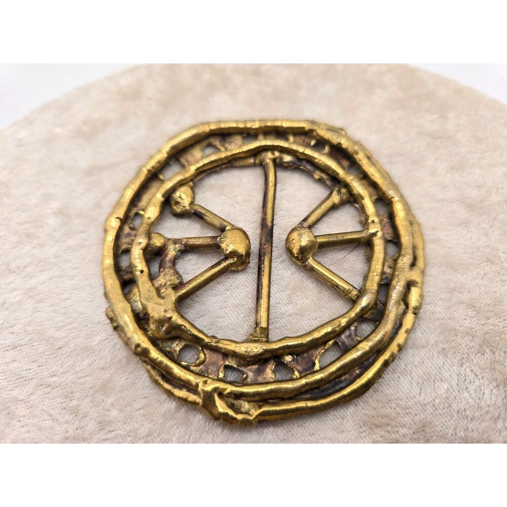 Handcrafted Round Brass Belt Buckle Sash Scarf Slide 3" Diameter Brutalist Edgy